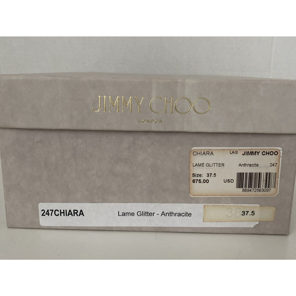 JIMMY CHOO Sandal Chiara‎ Anthracite Leather Glitter Wedge Silver Metallic 37.5 - Picture 14 of 14